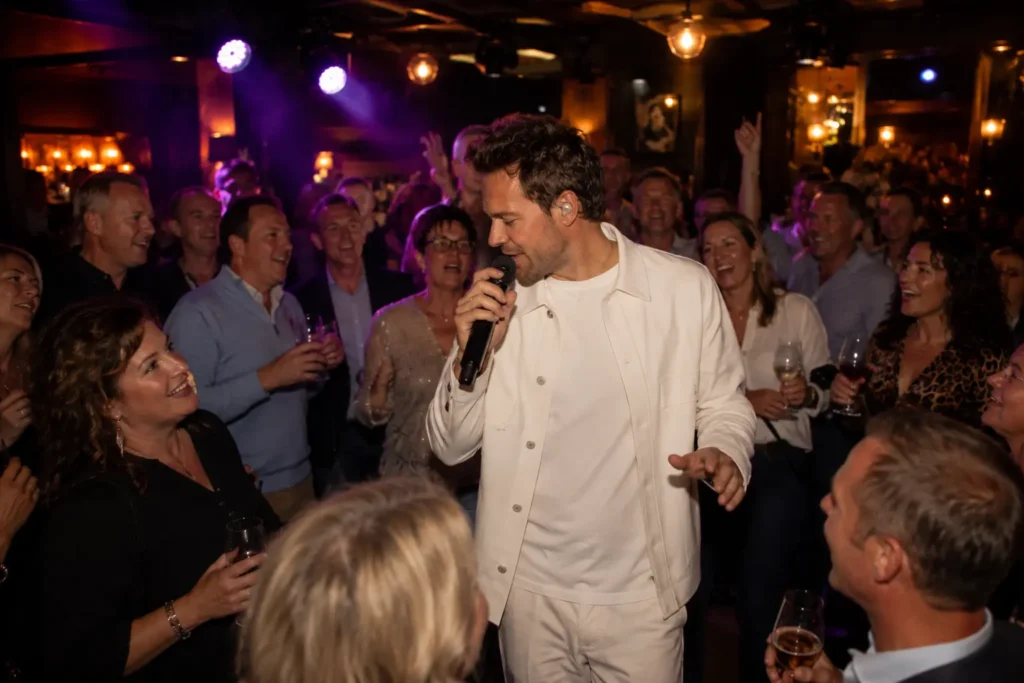 Chris Steven in witte kleding met microfoon tussen feestgasten