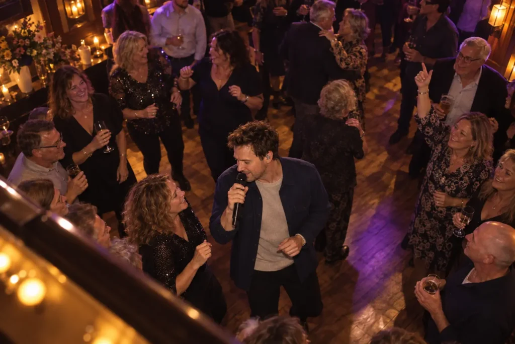 Chris Steven met microfoon tussen feestgasten, van bovenaf gezien