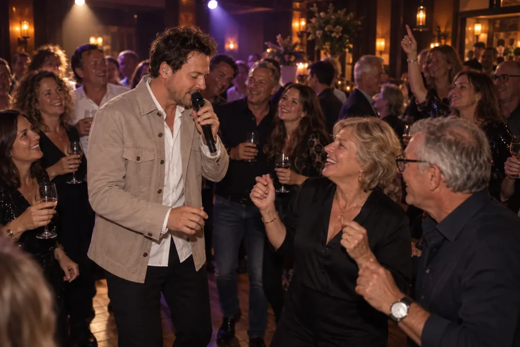 Chris Steven in beige jasje met microfoon tussen dansende gasten